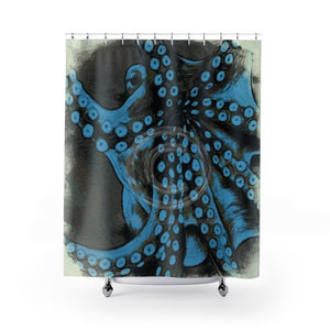 Blue Octopus Woodblock Art Shower Curtain 71X74 Home Decor