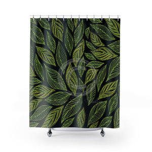 Green On Black Floral Ink Shower Curtain 71X74 Home Decor