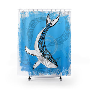 Humpback Whales Tribal Ink Blue Shower Curtain 71X74 Home Decor