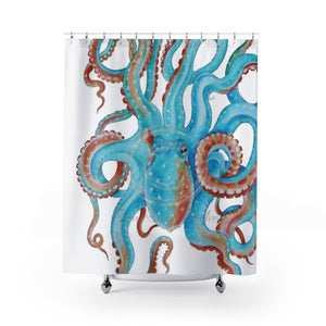 Octopus Teal Blue Red Tentacles Art Shower Curtain 71X74 Home Decor