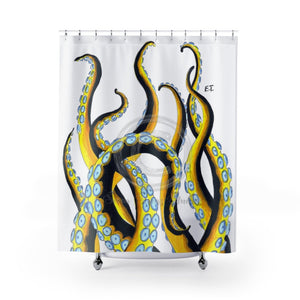 Octopus Tentacles Yellow Black On White Shower Curtain 71X74 Home Decor