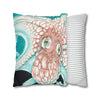 Orange Octopus Kraken Tentacles Ink Teal Green Art Spun Polyester Square Pillow Case Home Decor