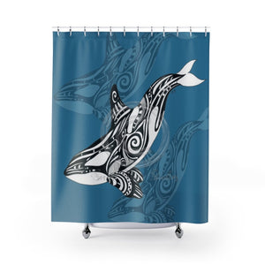 Orca Killer Whale Tribal Indigo Blue Ink Art Shower Curtain 71 × 74 Home Decor