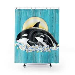 Orca Whale Family Teal Chic Shower Curtain 71 × 74 Home Decor