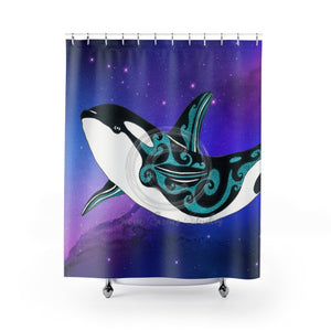 Orca Whale Nebula Galaxy Teal Purple Art Shower Curtain 71 × 74 Home Decor