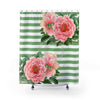 Pink Peonies Green Stripes Chic Shower Curtain 71X74 Home Decor