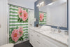 Pink Peonies Green Stripes Chic Shower Curtain Home Decor