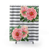 Pink Peonies Grey Stripes Chic Shower Curtain 71X74 Home Decor