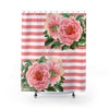 Pink Peonies Salmon Stripes Chic Shower Curtain 71X74 Home Decor