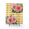 Pink Peonies Yellow Stripes Chic Shower Curtain 71X74 Home Decor