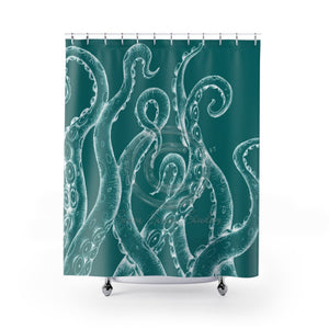 White Funky Tentacles Ii Ink Teal Art Shower Curtains 71 X 74 Home Decor