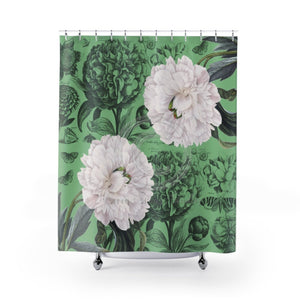 White Peonies Green Floral Chic Shower Curtain 71X74 Home Decor