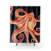 Red Octopus On Black Watercolor Shower Curtain 71 × 74 Home Decor
